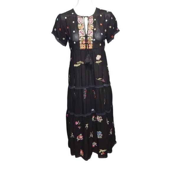 Johnny Was Botanical Midi Dress Embroidered Cupra Rayon Size XS Black Tiered - Picture 4 of 9